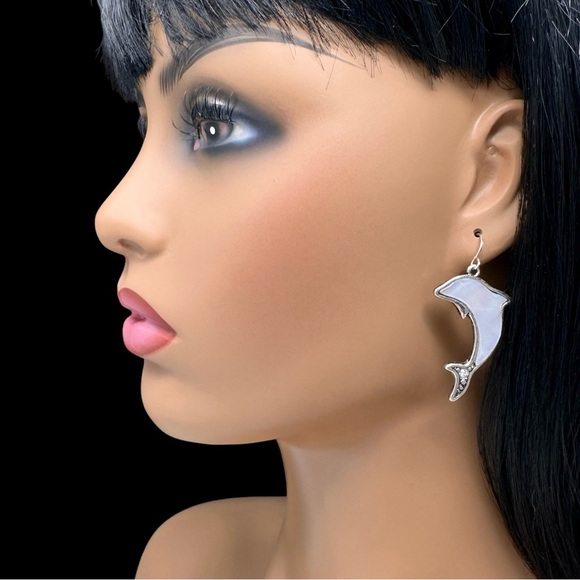 Mother of Pearl Inlay Dolphin Dangle Earrings - Picture 2 of 3
